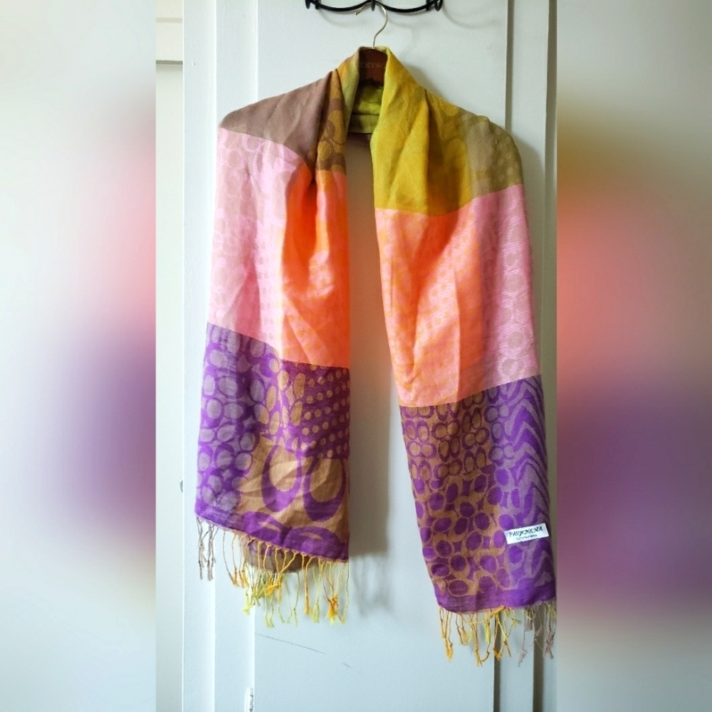 Pashmina Fringe Scarf of Purple, Pink & Green
